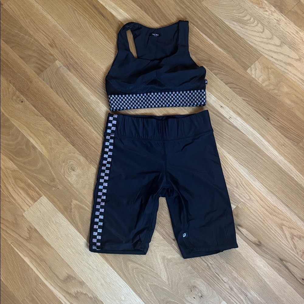 Terez Black Checkered Sports Bra and Shorts Set